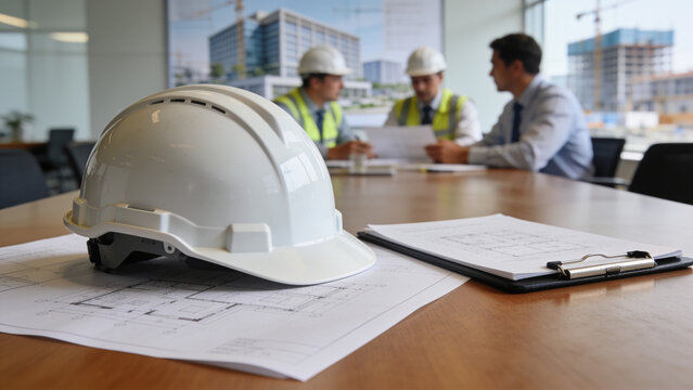 Construction project meeting with engineers and architects reviewing building plans in a modern office with safety helmets and technical documentation.