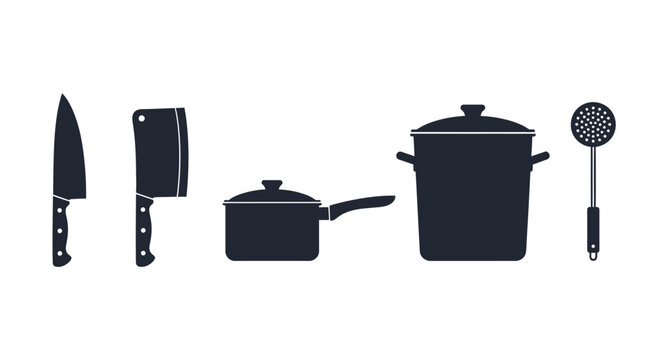 Kitchen utensils and cookware on a white background