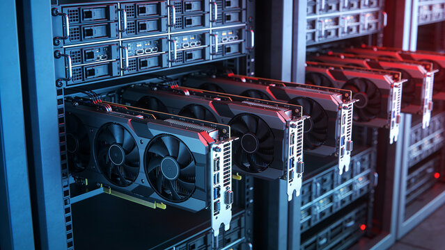 High-performance GPU server cluster for training large language models and artificial intelligence in a modern AI data center with advanced graphics processing hardware.