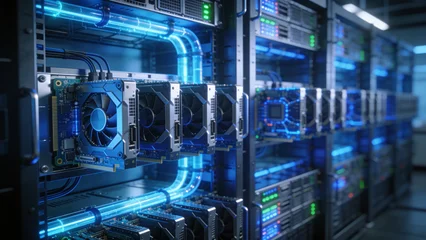 High-performance GPU graphics cards installed in a server rack for artificial intelligence, cloud computing, cryptocurrency mining, and high-performance data center processing. © Curioso.Photography