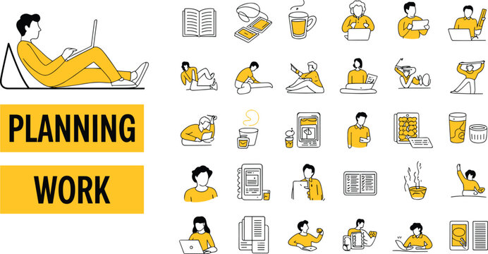 Freelancer working from home planning daily schedule routine, studying, exercising, remote work business lifestyle vector line icons set