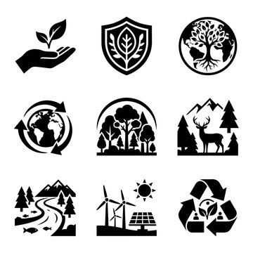 Environmental Conservation Icons Black Silhouette Shapes On White Background ecology environment sustainable renewable energy nature