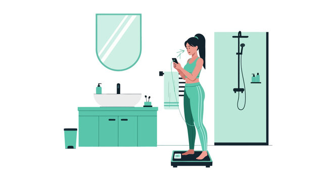 Healthy Lifestyle Concept: Woman Weighing Herself on Smart Scale with Fitness App in Bathroom Flat Illustration