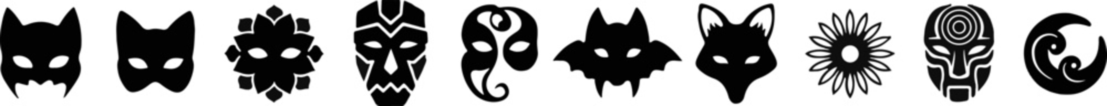 Decorative carnival masks and mystic symbol icon collection with carnival festival venetian illustration silhouette masquerade decorative