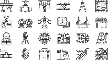 Fototapeta premium Civil Engineering and Public Infrastructure Line Icon Set Featuring Transport Bridges Tunnels Roads Rail Tracks Power Grids Water Treatment and Industrial Safety Design Symbols