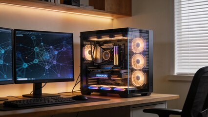 High-performance AI workstation with multiple GPUs and real-time machine learning dashboard, showcasing local LLM development, artificial intelligence, deep learning, and advanced computing. © Curioso.Photography