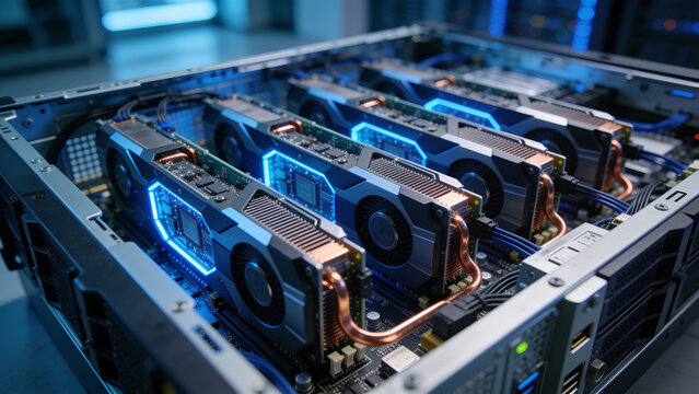 High-performance GPU server cluster for AI training and large language model processing in a modern data center, showcasing accelerated computing, deep learning, and advanced artificial intelligence i