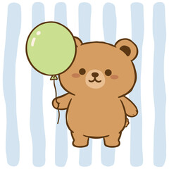 Cute Cartoon Teddy Bear Cub Holding a Green Balloon on Blue Striped Background Illustration © okka studios