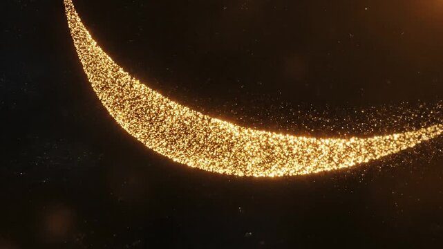 Golden glowing particles flowing in smooth curved trajectories against a dark background with shallow depth of field bokeh and shimmering light effects for abstract backgrounds.