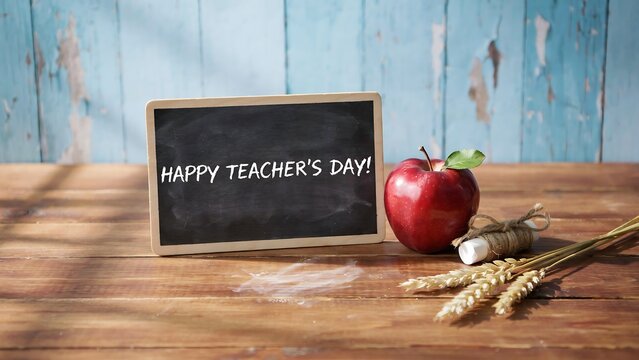 Happy teacher's day chalkboard with apple and wheat