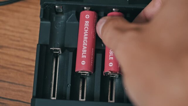 Top-down view of a hand removing four pink rechargeable AA batteries from a black charging unit. The cells are taken out one by one, leaving the charger slots empty.