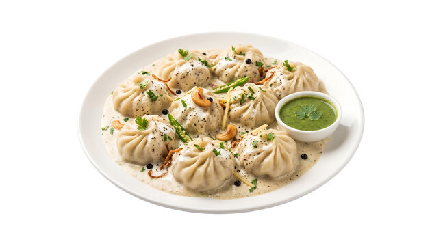 chicken afghani momos on a white plate coated in a rich, creamy malai gravy garnished with roasted cashews, fresh coriander, ginger juliennes, and green chutney isolated on a transparent background 