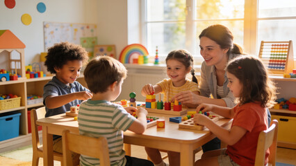 Obraz premium Preschool teacher playing with happy children using colorful wooden blocks during an interactive early learning activity in a bright kindergarten classroom.