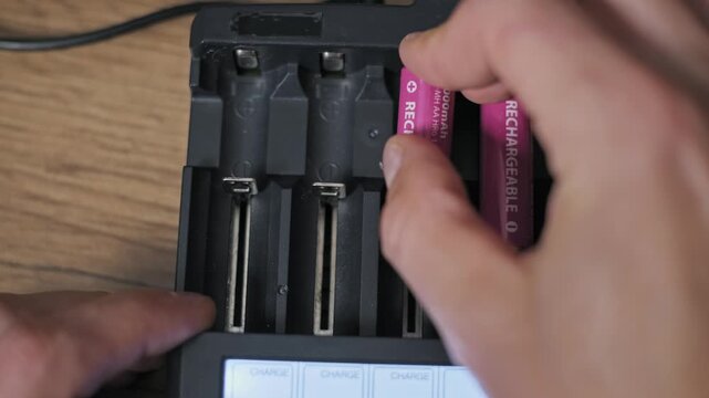Top-down close-up of hands placing four pink AA batteries into a black charger. The cells are inserted sequentially from right to left into empty slots to prepare for charging.