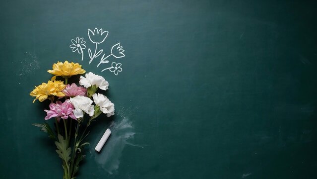 Chalkboard flowers and doodles education and spring concept