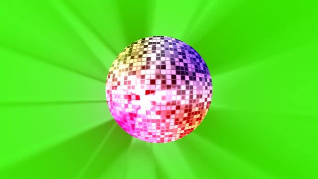 Shiny 2D cartoon disco ball spinning and reflecting colorful retro lights transition video clip on a chroma key green screen background. Perfect for party vlogs, music dance challenges, celebration ev