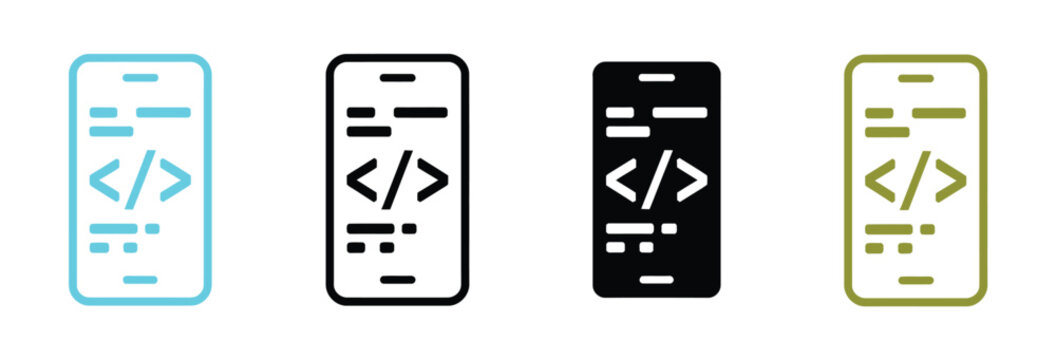 Mobile code application icon set in outline, solid, and colored styles featuring smartphone programming symbols, vector illustration for software development, coding, web development, app programming,