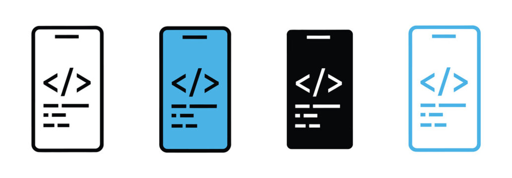 Mobile code application icon set in outline, solid, and colored styles featuring smartphone programming symbols, vector illustration for software development, coding, web development, app programming,