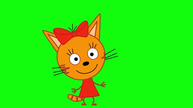 Cute and funny 2D cartoon cat character with a bow dancing transition video clip on a chroma key green screen background. Perfect for kids' channels, playful pet vlogs, cheerful dance challenges, and 