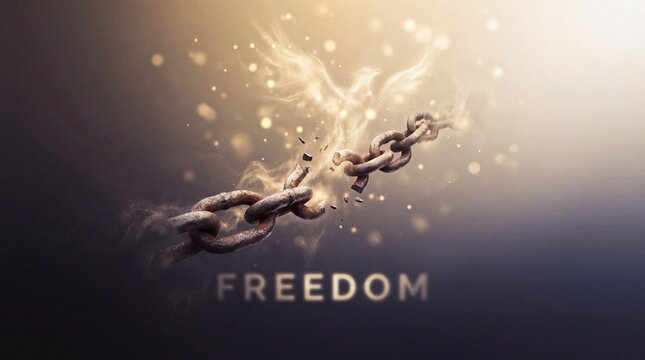 Broken rusty metal chain transforming into glowing light particles symbolizing liberation and freedom concept against a dark background with soft bokeh effects for inspirational business imagery