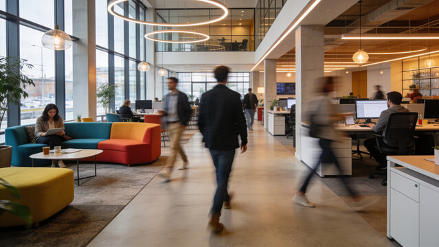 Modern open-plan office with professionals collaborating and working in a dynamic coworking space, showcasing teamwork, innovation, and flexible business environments.