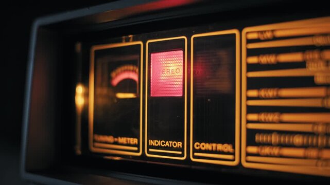Retro radio tuner panel features a glowing amber frequency dial and a red blinking stereo indicator light. This highlights the concept of vintage high fidelity audio equipment and analog tech