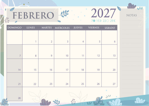 Calendario imprimible 2027 - Febrero - Plantilla mensual con flores - EPS vectorial