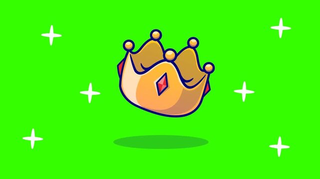Golden 2D cartoon crown transition video clip with glowing sparkles on a chroma key green screen background. Perfect for royal themes, beauty vlogs, kids' princess channels, and award celebration anim