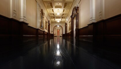 Obraz premium A grand historic hallway with polished dark wood floors reflecting elegant chandeliers. This silent, opulent corridor evokes a sense of mystery and prestige. Low angle shot, nobody.