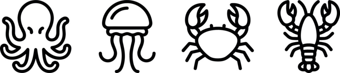 Minimalist Sea Animals Line Icon Set with Octopus, Jellyfish, Crab, and Lobster Outline Symbols for Ocean Marine Life Graphic Designs © Ashik 