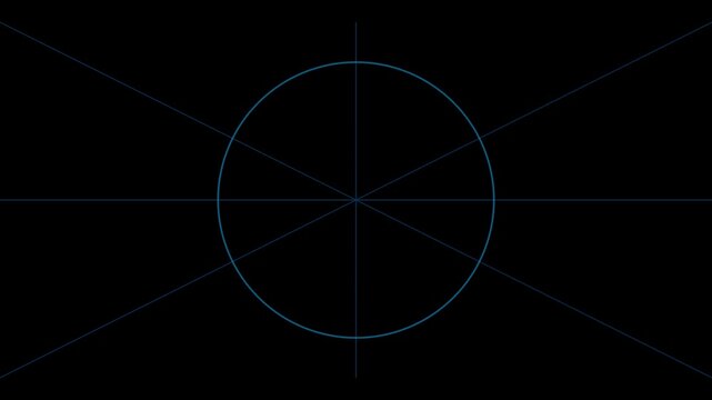 Abstract geometric animation with glowing blue circles and intersecting lines on a dark background