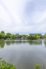 Fototapeta premium Serene lakeside park with traditional Chinese architecture and stone bridge