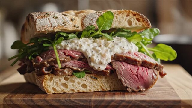 A juicy roast beef sandwich with leafy greens and white sauce sits on a wooden cutting board indoors.