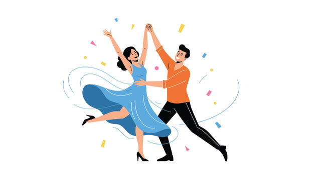 Couple celebrating with a joyous dance amidst falling confetti, capturing a festive mood of happiness and success.