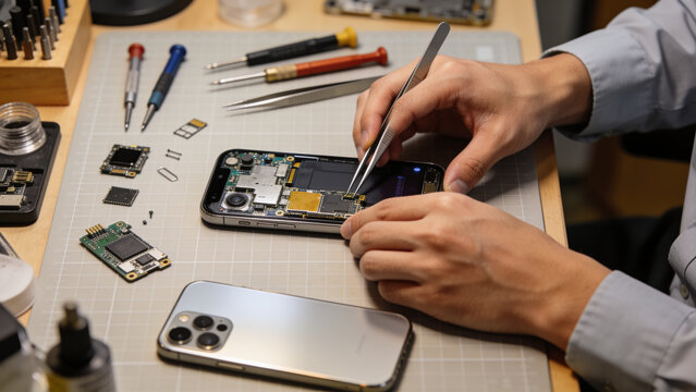 Technician repairing a smartphone motherboard with precision tools in an electronics repair workshop surrounded by mobile device components.