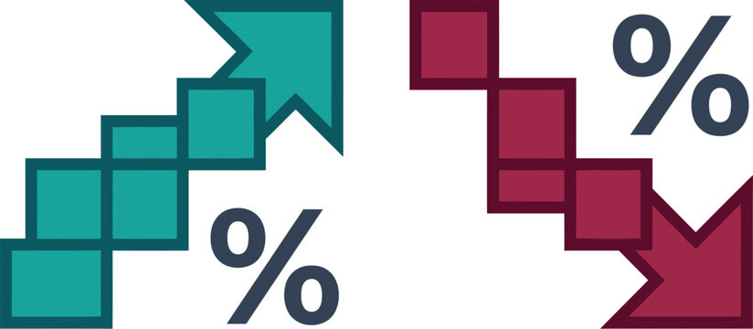 Arrows illustrate the concept of positive growth and negative decline using a set of stacked square shapes and percentage symbols.