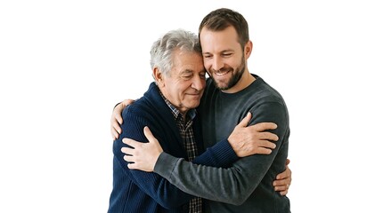Obraz premium Adult son embracing his elderly father with love and affection isolated on a white background