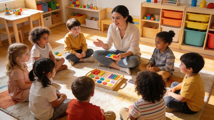 Obraz premium Preschool teacher leading a group of happy children in an educational classroom activity promoting early learning and social development.