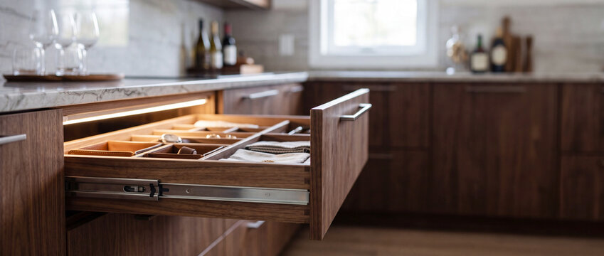 Modern wooden kitchen drawer with cutlery organizer and marble countertop in contemporary home