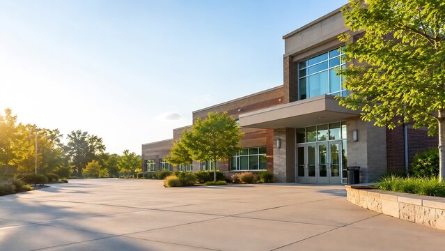 Modern school building exterior with clear walkway
