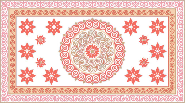 Traditional oriental carpet pattern vector design with pink geometric stars mandala ornament and decorative swirl borders