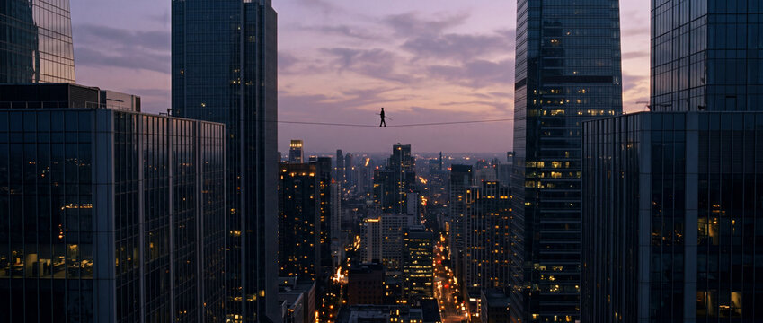 Tightrope walker balancing between skyscrapers over urban cityscape at dusk