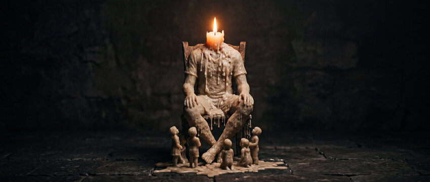 Melting candle sculpture of a seated human figure surrounded by small wax children in darkness. Parents make the wrong decisions for their children concept