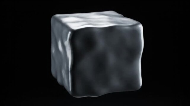 A single ice cube rotating slowly against a solid black background.