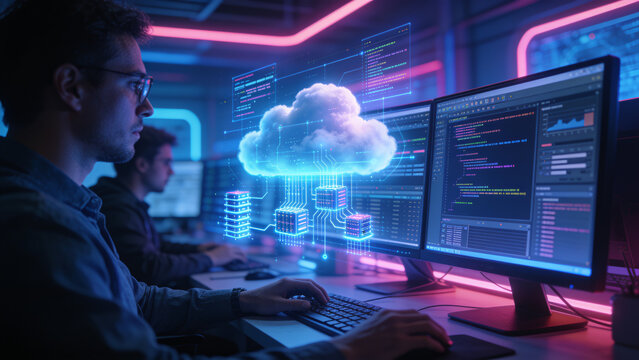 Software developers working with cloud computing infrastructure and cybersecurity systems using artificial intelligence and modern programming technologies.