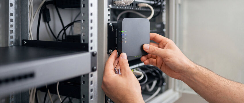 IT technician installing network router in server rack for office connectivity and maintenance