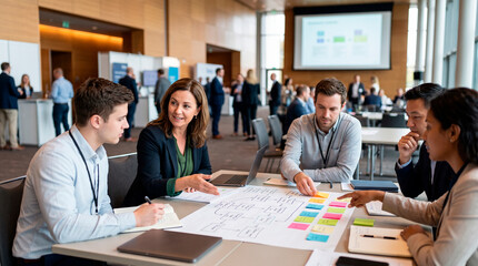 Fototapeta premium Diverse business team collaborating on a project plan at a conference