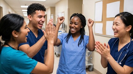 Obraz premium Diverse group of healthcare professionals celebrating success in hospital hallway