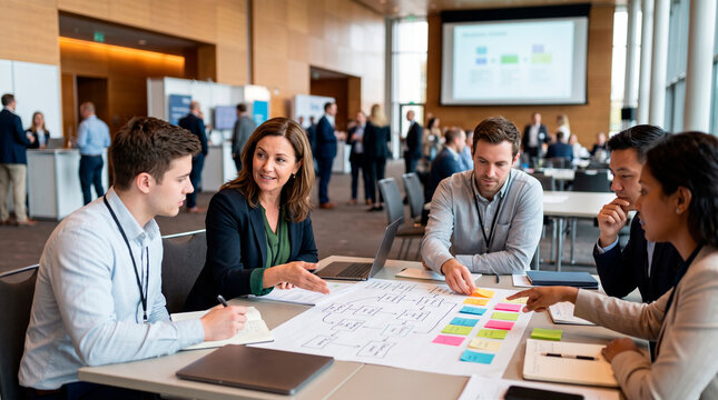 Diverse business team collaborating on a project plan at a conference