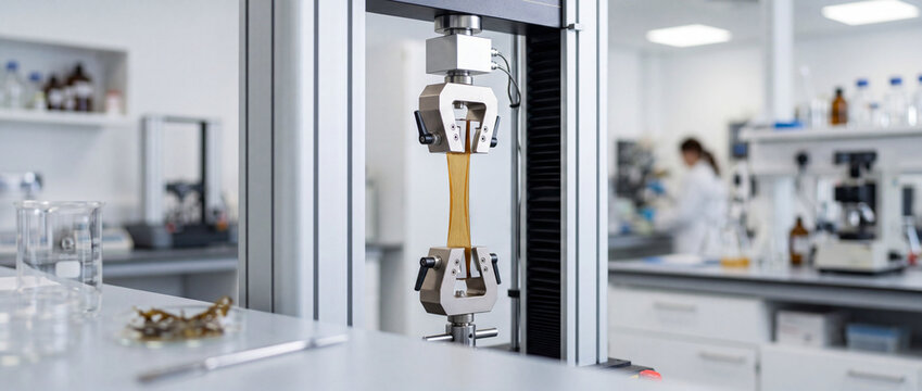 Tensile test in laboratory using universal testing machine for materials strength and quality control research